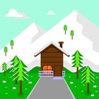 A winter house in a beautiful snowy forest. Wooden house icon. Snowy mountains. Flat style vector