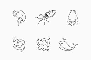 Marine life line icon. six icon. walrus, squid, cuttlefish, whale. for icon, logo, mascot, sign and symbol vector