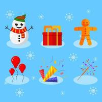paquete de iconos de invierno. muñeco de nieve, galleta, regalos, globos, fuegos artificiales, trompeta. vector de estilo plano