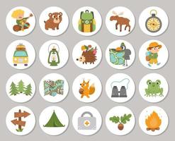 Cute set of Summer camp round cards with cute forest animals, camping elements and kids. Vector active trip highlight icons collection. Holidays or local tourism design for tags, social media