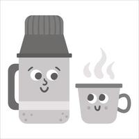 vector kawaii termo botella y taza aislado sobre fondo blanco. ilustración de bebida de calentamiento tradicional de invierno o camping. Senderismo bebida caliente o icono de matraz de té. lindos personajes sonrientes