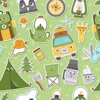 Vector summer camp seamless pattern with cute kawaii stickers. Camping, hiking, fishing equipment patches repeat background. Outdoor nature tourism digital paper with backpack, van, tent.