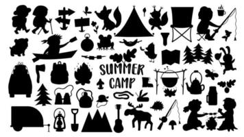 Vector summer camp silhouettes set. Camping, hiking, fishing equipment black and white collection with cute kids and forest animals. Outdoor nature tourism stamps pack with backpack, van, fire