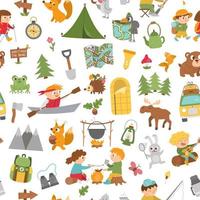 Vector summer camp seamless pattern. Camping, hiking, fishing equipment digital paper with cute kids and forest animals. Outdoor nature tourism repeat background with backpack, van, fire