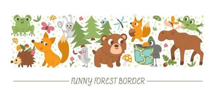 Vector horizontal set with cute comic forest animals and elements. Card template design with woodland characters, birds, insects. Funny summer camp, active nature trip or local tourism border.