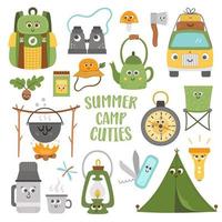 Vector summer camp cute kawaii elements set. Camping, hiking, fishing equipment collection. Outdoor nature tourism icons pack with backpack, van, tent. Forest travel funny smiling characters