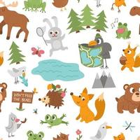 Vector seamless pattern with forest animals, insects and birds. Funny woodland campfire digital paper. Cute forest repeat background for kids with mountains, trees, moose, frog, bear, squirrel