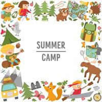 Vector square frame or border with cute comic forest animals, elements and children doing summer camp activities. Card template design with kids on holidays for banners, posters, invitations.