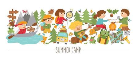 Vector horizontal set with cute comic forest animals and children doing summer camp activities. Card template design with woodland characters and kids on holidays. Funny active trip border.