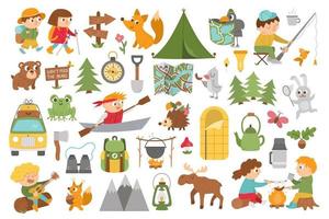 Vector summer camp set. Camping, hiking, fishing equipment collection with cute kids and forest animals. Outdoor nature tourism icons pack with backpack, van, fire. Woodland travel elements