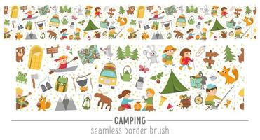Vector summer camp seamless pattern brush. Camping, hiking, fishing equipment horizontal border with cute kids and forest animals. Outdoor nature tourism repeat background