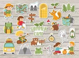 Vector summer camp stickers set. Camping, hiking, fishing equipment patches collection with cute kids and forest animals on wooden background. Outdoor nature tourism patches pack