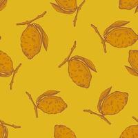 Seamless pattern lemon on branch with leaves engraving. Vintage background of citrus fruits in hand drawn style. vector