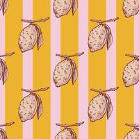 Seamless pattern lemon on branch with leaves engraving. Vintage background of citrus fruits in hand drawn style. vector