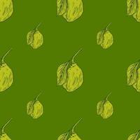 Seamless pattern engraved lemon on branch with leaves. Vintage background lime growing on twig in hand drawn style. vector