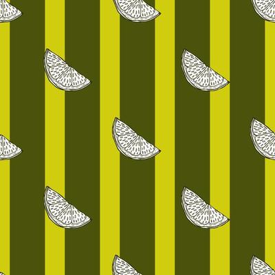 Seamless pattern engraved slice lemon. Vintage background piece lemon or lime in hand drawn style.