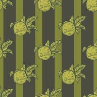 Seamless pattern engraved lemon on twig with leaves. Vintage background citrus fruit on branch in hand drawn style. vector