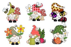 Cute Whimsical Freehand Spring Garden Gnomes vector