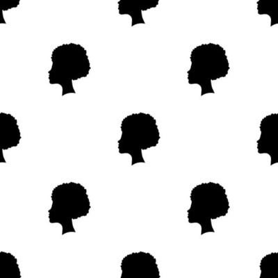 Black females silhouettes, face profile, vignette. Afro woman in profile. Hand drawn vector seamless pattern on white background. Design for invitation, greeting card, vintage style.