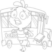 Children's coloring illustration with chick and school bus vector