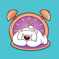 Polar bear sleeping with clock Art and Illustration vector