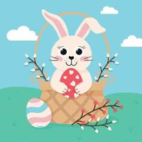 Happy Easter greeting card with cute bunny eggs willows and basket on sky and grass background. Suitable for flyers of the print packaging website. Vector illustration with brush texture