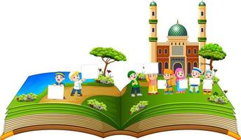 the beautiful story book with the children holding the blank board vector