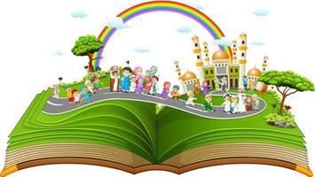 the beautiful story book with the muslim people on it vector