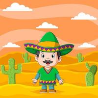 Young mexican boy use the sombrero hat under in the afternoon vector