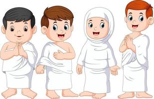 un grupo de personas está usando la tela blanca para la umrah vector