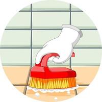 The hand clean the toilet floor with the small brush vector