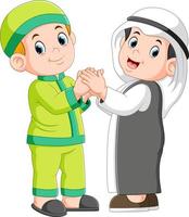 Two moslem man and his best friend shaking hands vector