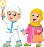 Moslem couples walking and holding torch vector