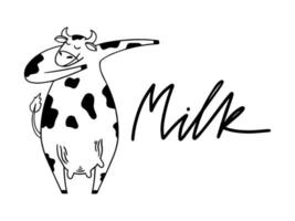 Cow milk hand drawn cute vector illustration. Isolated on white backgroud. Design for milk package, food market, farmer market