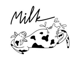 Cow milk hand drawn cute vector illustration. Isolated on white backgroud. Design for milk package, food market, farmer market