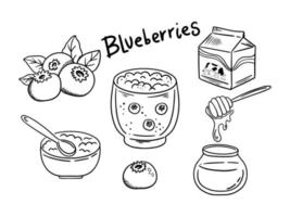 Sketch cocktail recipe illustration for celebration design. Blueberries cocktail making. White isolated background.
