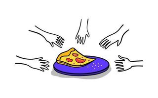Hands and the last piece of pizza. Pizza time. vector