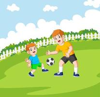 dos niños están jugando al fútbol de la ilustración vector