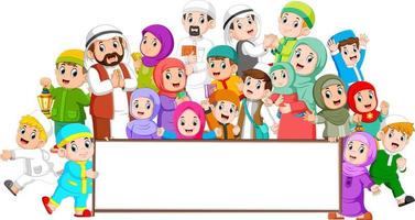 A big muslim family are gathering near the blank board vector