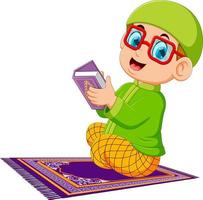the boy using the red glasses is holding al quran vector