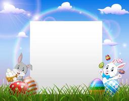 Easter bunny near blank paper and Easter egg vector