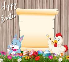 conejito y gallo pintando huevo con fondo de cartel en blanco vector