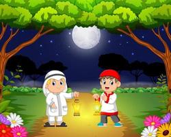 the two children are meeting in the garden and holding their ramadan lantern vector