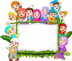 A big happy family are holding the jungle wooden banner vector