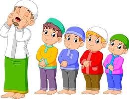 four boys are praying together with the right posing vector