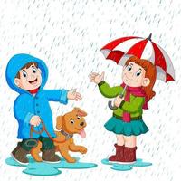 una pareja bajo un paraguas caminando bajo la lluvia vector