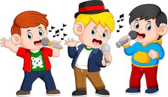 tres niños cantando juntos vector