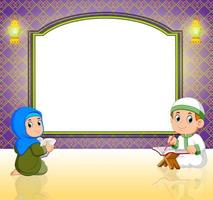 two children are reading al quran in front of the blank banner vector