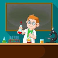 el profesor haciendo el experimento de química en el laboratorio vector
