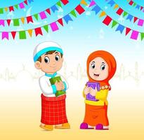 the boy and the girl is holding the al quran in the ramadhan event vector